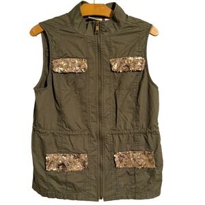 Chicos Olive Green Utility Vest Sequin Pocket Detail Women Size 1